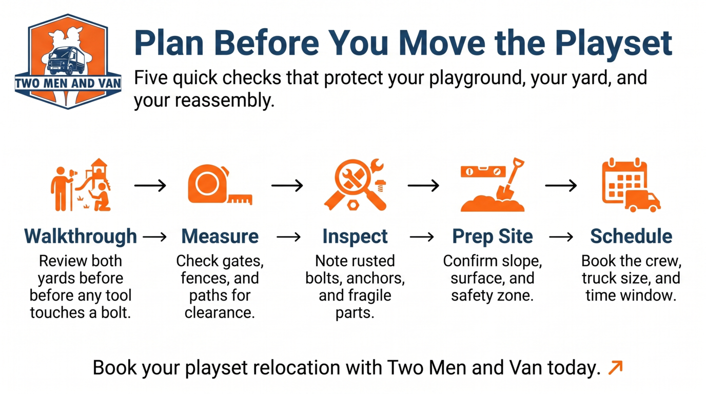 Infographic about planning playset relocation: walkthrough, measure, inspect, prep site, schedule.