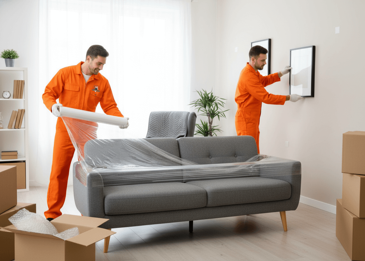 Two movers in orange coveralls wrap a gray couch in plastic wrap, hang a framed picture in a bright room.