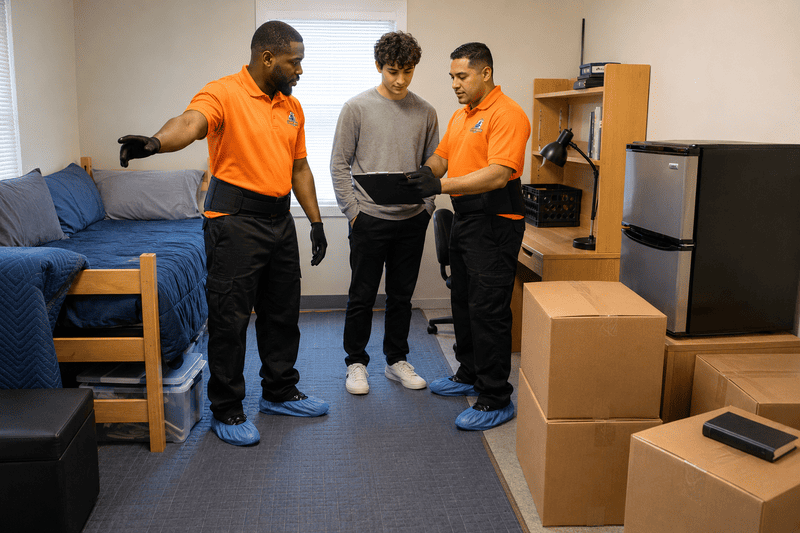 Two movers packing boxes while a man holds a tray in a room with furniture and a mini fridge.