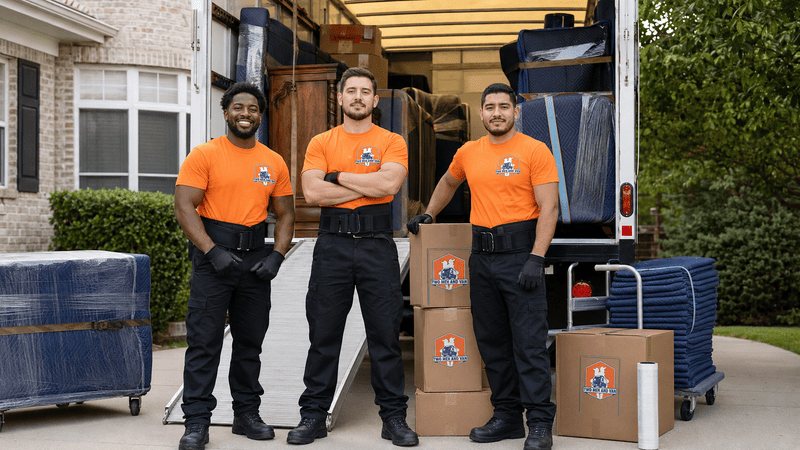 Three movers in orange shirts stand beside a truck loaded with boxes and furniture outdoors.