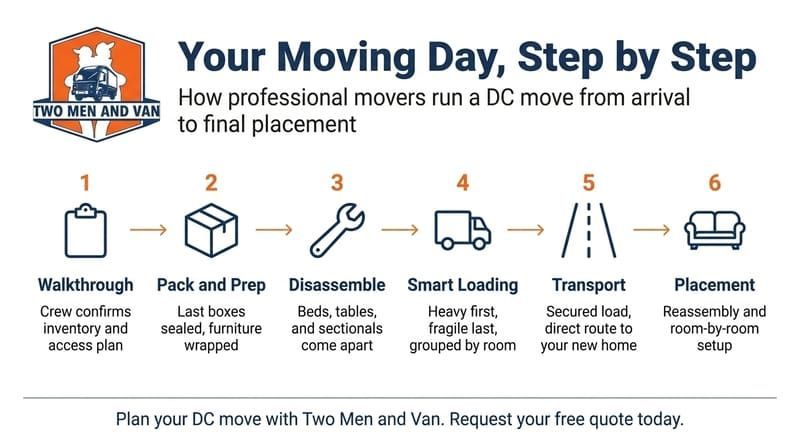 Infographic titled “Your Moving Day, Step by Step” showing six illustrated moving steps from walkthrough to placement.