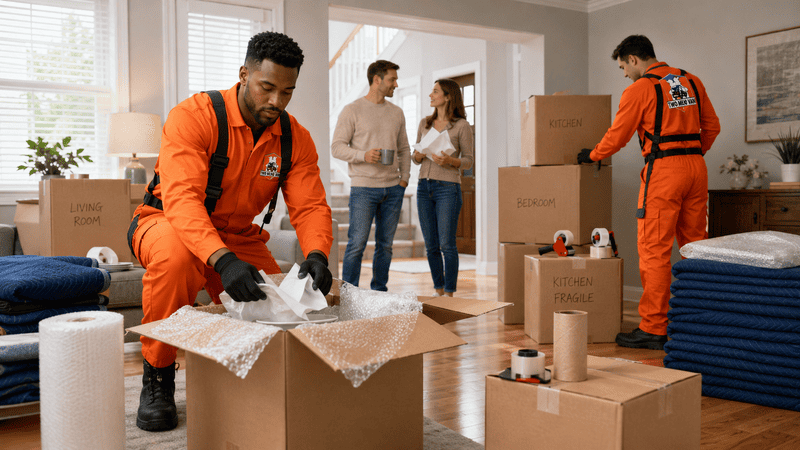Movers in orange uniforms packing boxes in a bright apartment with two people watching nearby