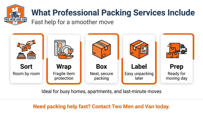 Marketing graphic titled “What Professional Packing Services Include” with six orange service icons and contact text.