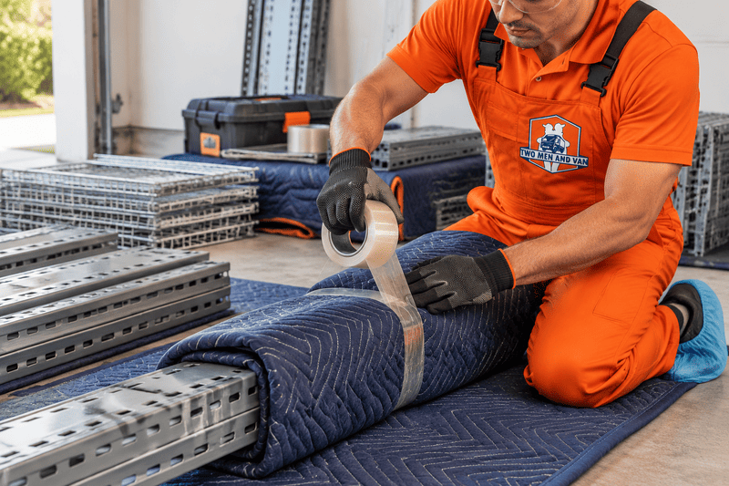 Worker in orange uniform wrapping a blue carpet roll beside stacked metal floor panels