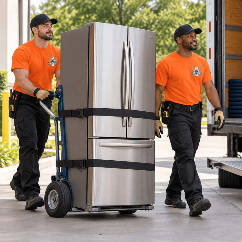 Two movers in orange shirts transporting a stainless steel refrigerator on a hand truck outdoors