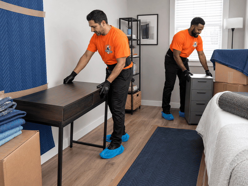 Two movers in orange shirts carry furniture in a bedroom