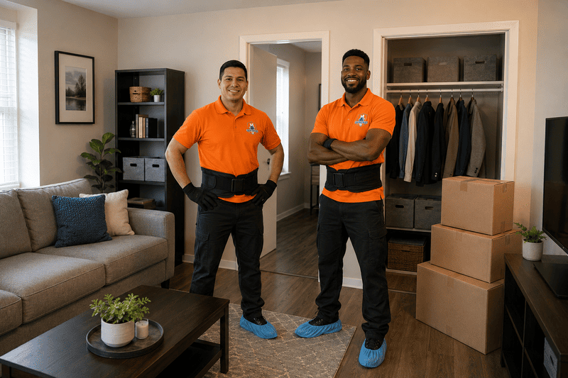 Two movers in orange shirts stand in a living room beside stacked moving boxes and an open closet.