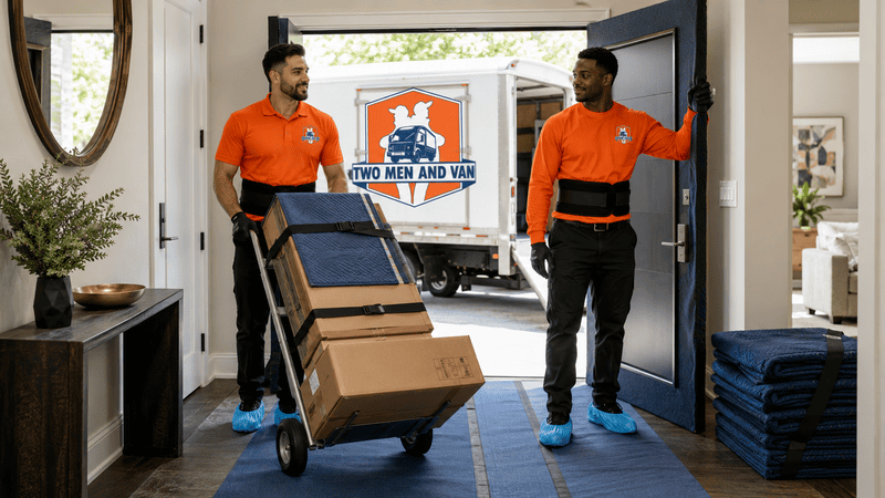 Two movers in orange uniforms unload boxes from a delivery truck through a doorway