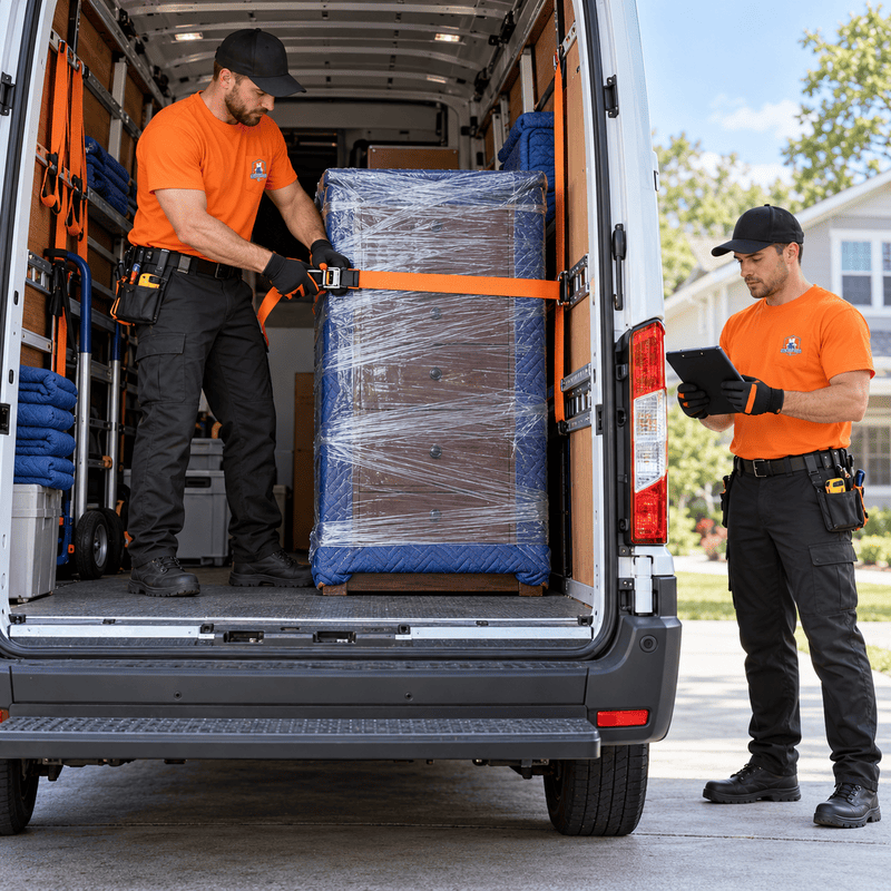 Two movers in orange shirts securing a wrapped pallet inside and beside a delivery van