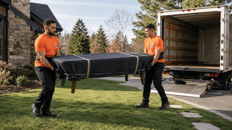 Two workers in orange shirts carry a black couch from a moving truck on a grassy lawn.