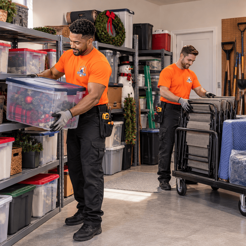 Two movers in orange shirts carrying storage bins and folded chairs in a garage