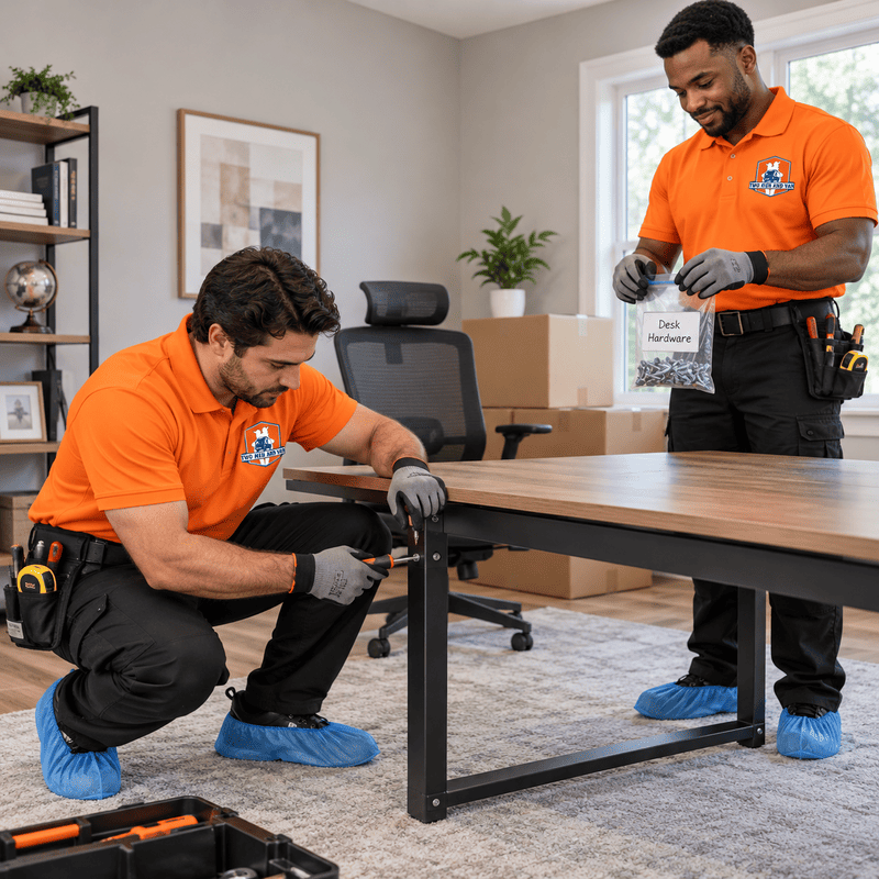 Two workers in orange uniforms assemble a black table in a bright living room.