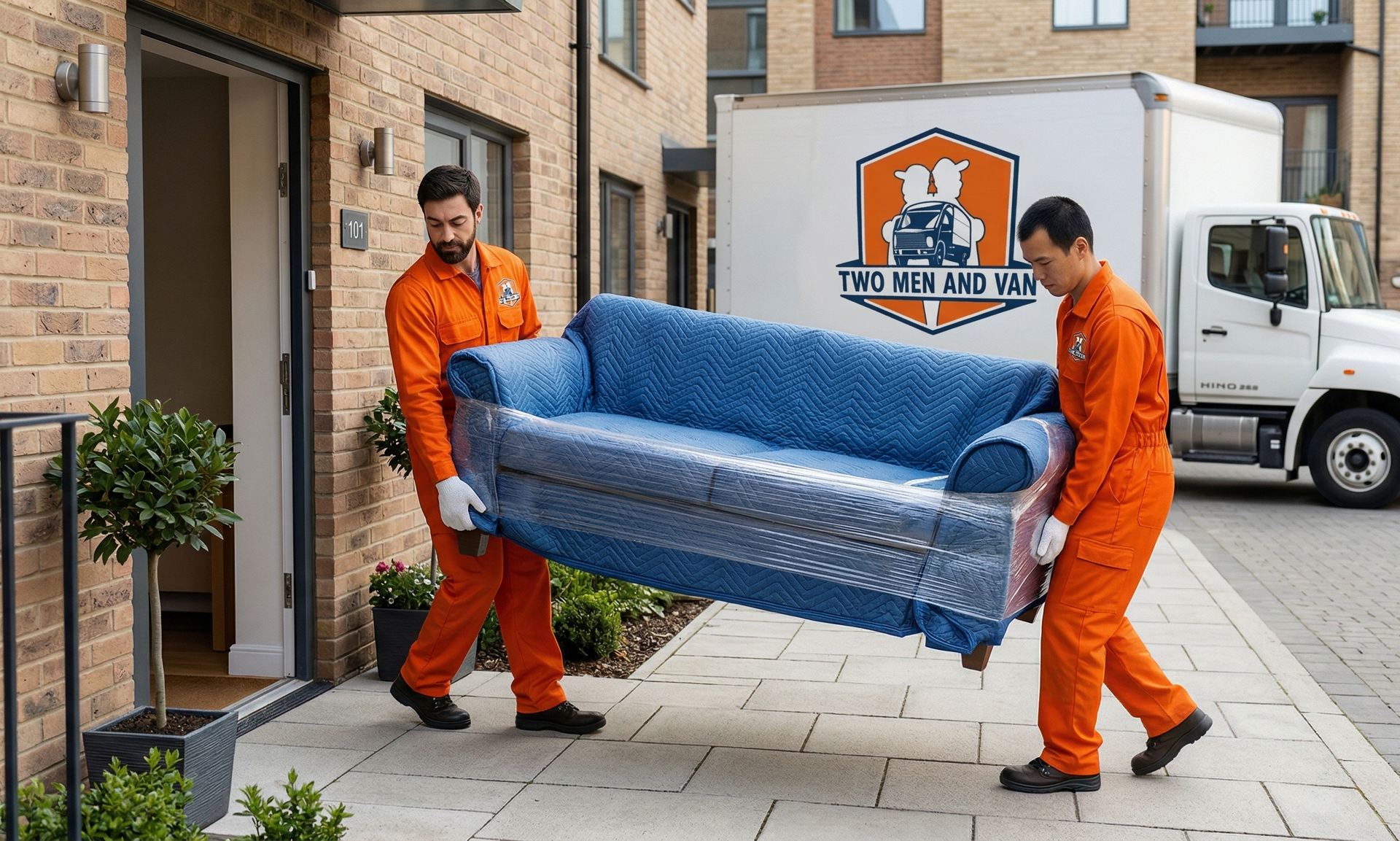 Two movers in orange uniforms carrying a blue sofa on a city sidewalk возле a delivery truck