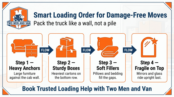 Infographic: 4-step moving truck loading order with orange icons, truck, boxes, sofa, mat, and fragile items.