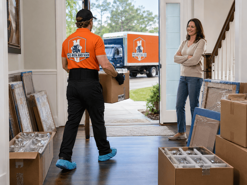 Delivery worker carries a box into a house while a woman stands nearby in the doorway.