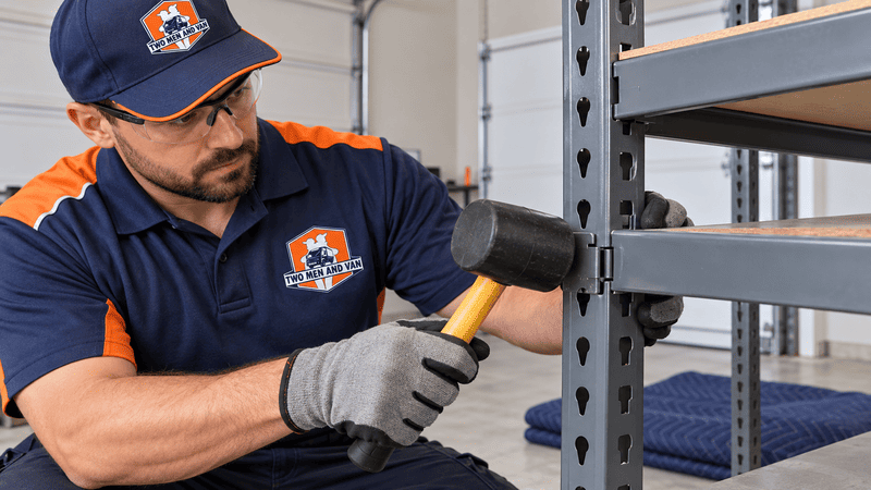 Technician tightening a metal shelf frame with a mallet in a warehouse-like room
