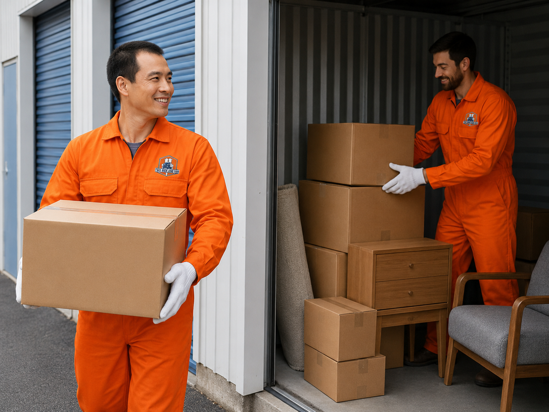 Two workers in orange uniforms move cardboard boxes at a storage unit loading area.
