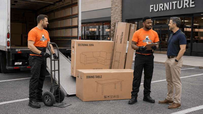 Two movers in orange shirts unloading furniture from a truck beside a warehouse store.