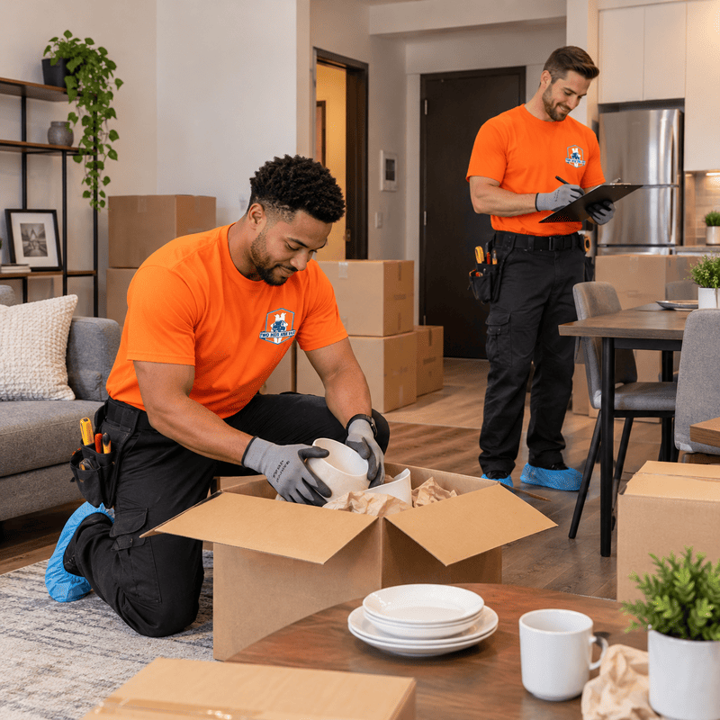 Two movers in orange shirts unpack boxes in a living room beside stacked plates and a mug.