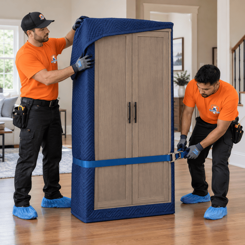 Two movers in orange shirts wrap a wooden cabinet in blue moving blankets indoors.