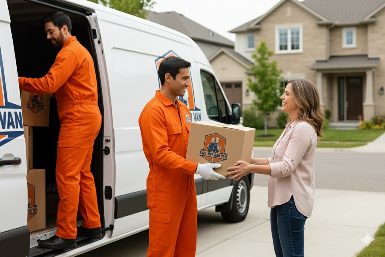 Two movers in orange jumpsuits deliver a box to a woman at a house. One mover smiles and hands her the box.