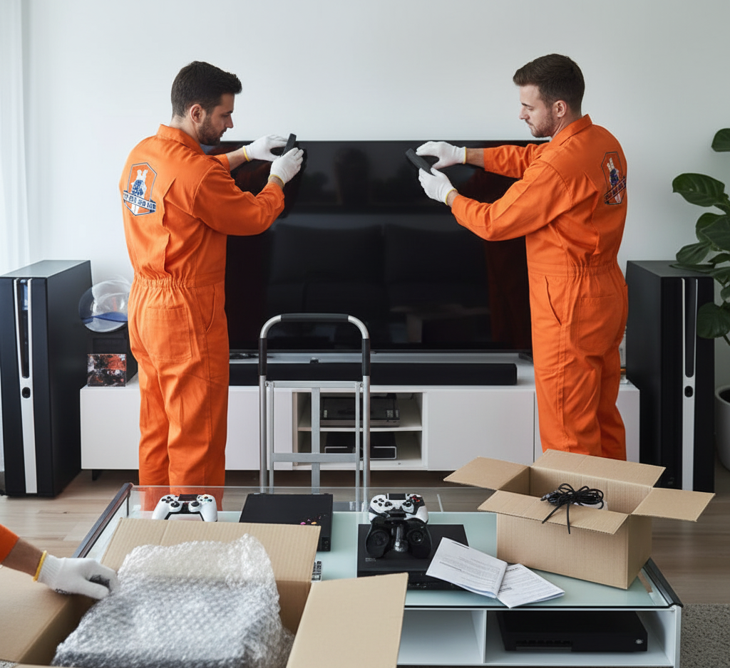 Movers in orange jumpsuits install a TV; boxes and game consoles are on a coffee table.