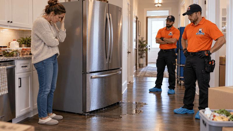Two workers in orange shirts inspect a kitchen while a woman stands nearby, hand over her face.