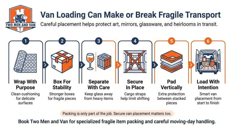 Infographic showing six steps for safe van loading: wrap, box, separate, secure, pad, and load with stairs.