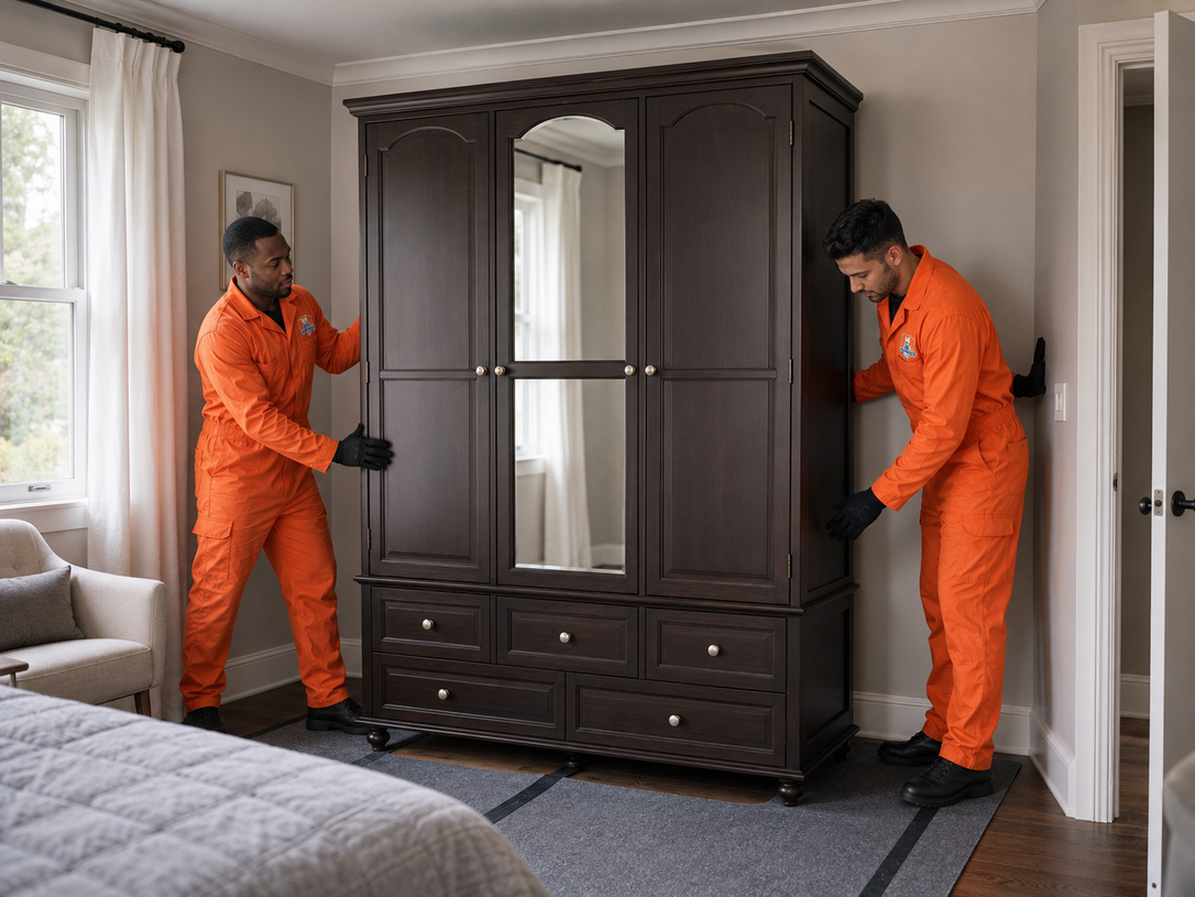 Two movers in orange uniforms carry a dark wardrobe into a bedroom
