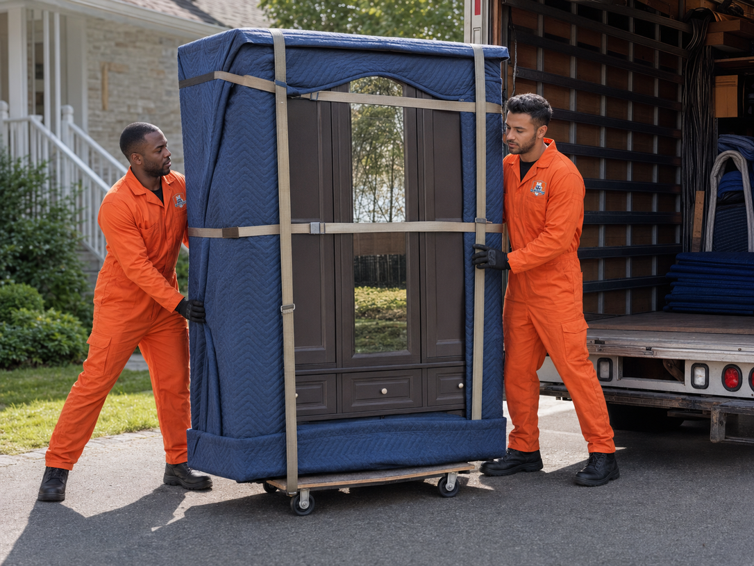 Two movers in orange uniforms carrying a wrapped cabinet on a dolly beside a truck unloading area