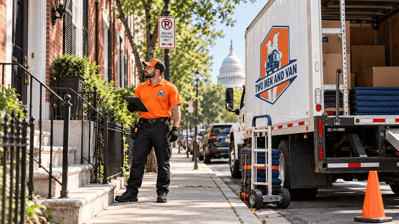 Mover coordinating curbside truck access outside a Washington DC rowhouse