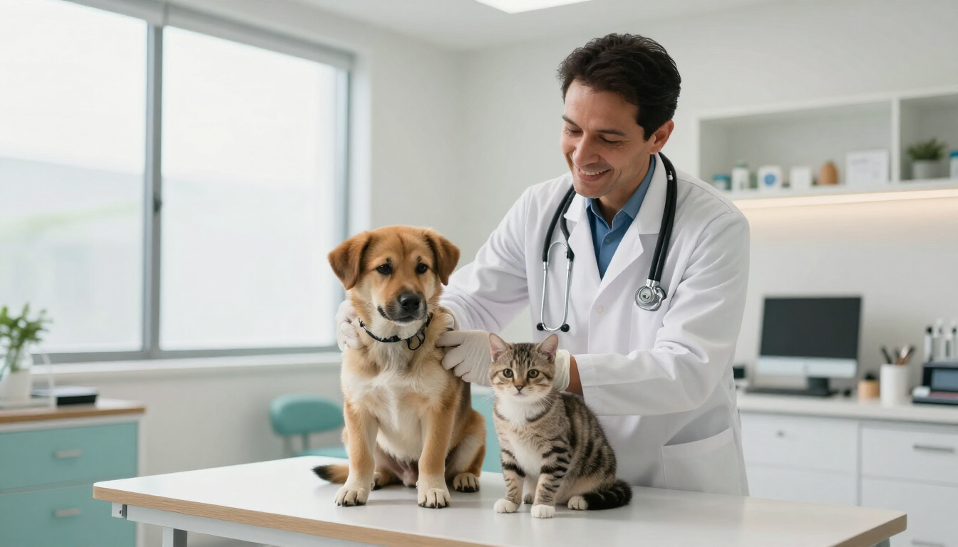 Un veterinario examina a un perro y un gato sobre la mesa de una clínica, en una sala de consulta luminosa