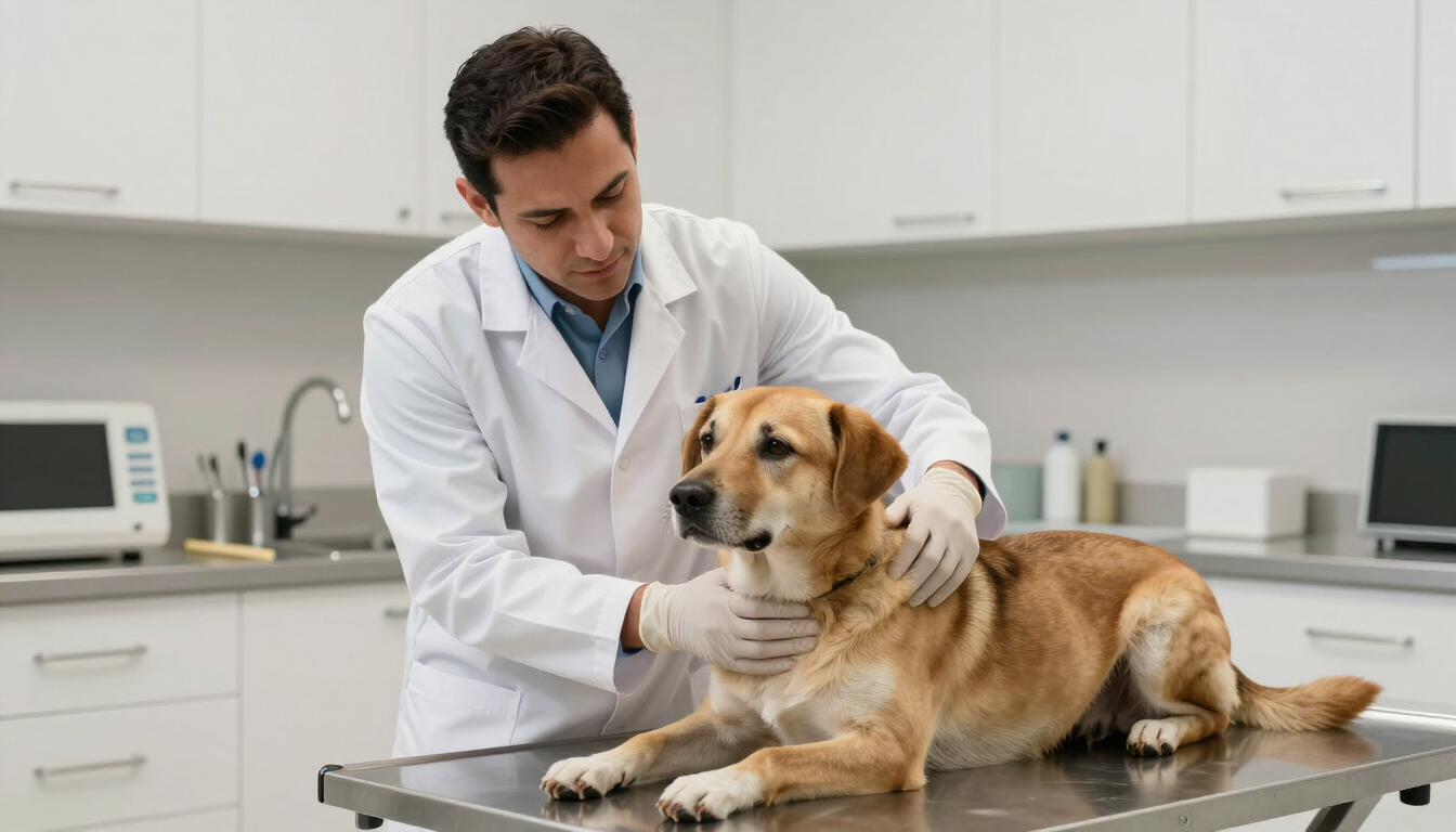 Veterinario examinando a un golden retriever en una mesa de exploración de una clínica