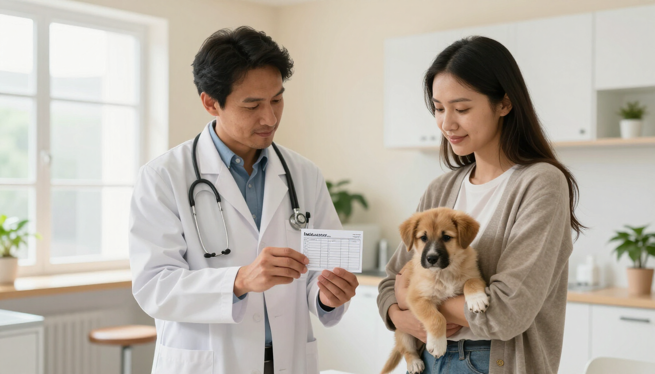 Veterinaria revisando el carné de vacunación de una mascota