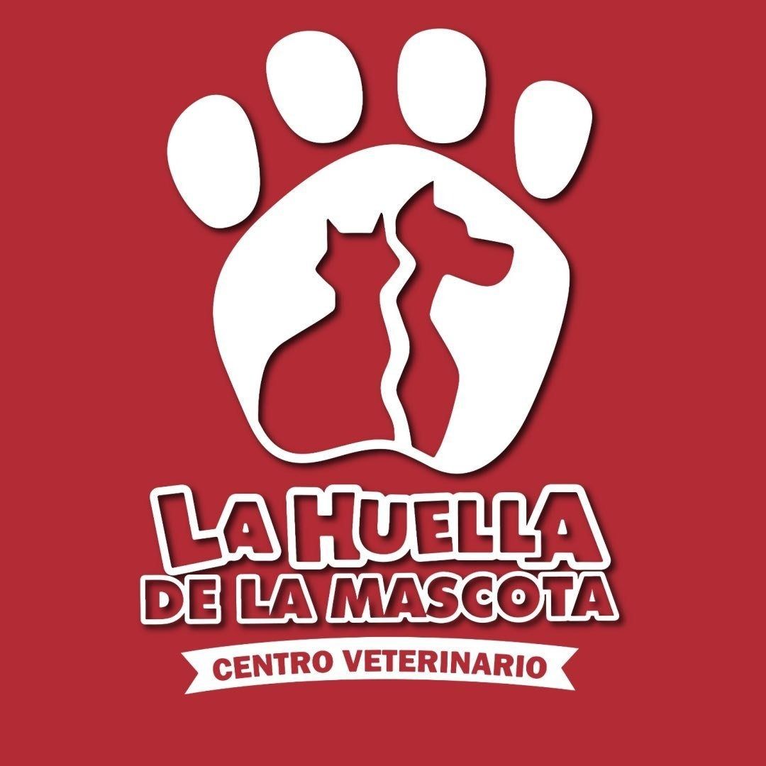 Logotipo de una clínica veterinaria con una huella blanca, siluetas de un gato y un perro, y el texto «La Huella de la Mascota».