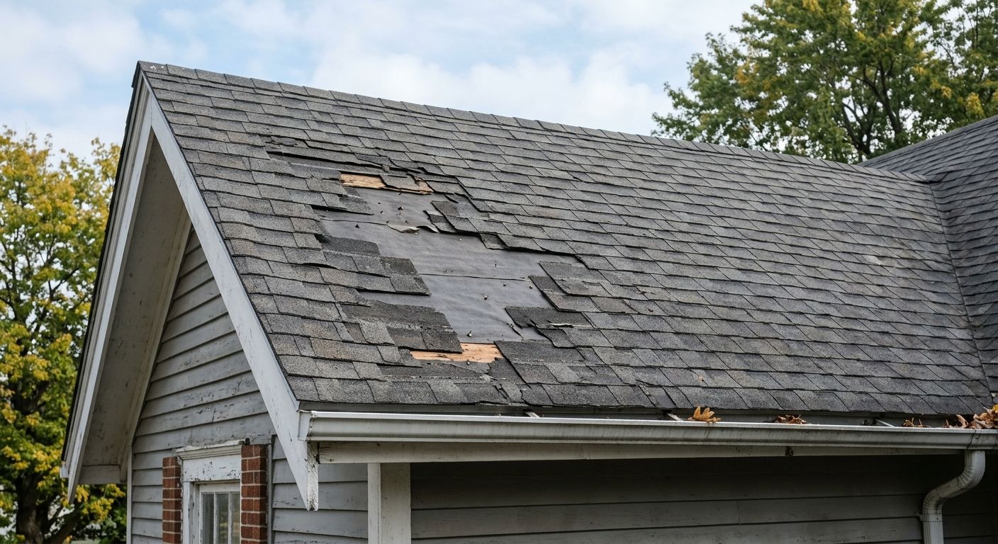 Damaged shingled roof with missing patches and a visible roof leak area on a house