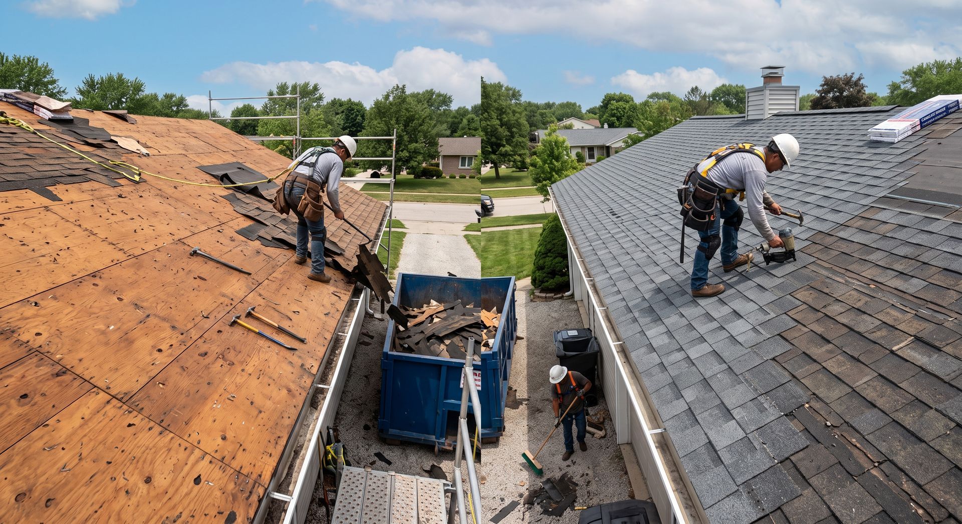 Roofers repairing adjacent rooftops with a blue dumpster below, under a clear sky.