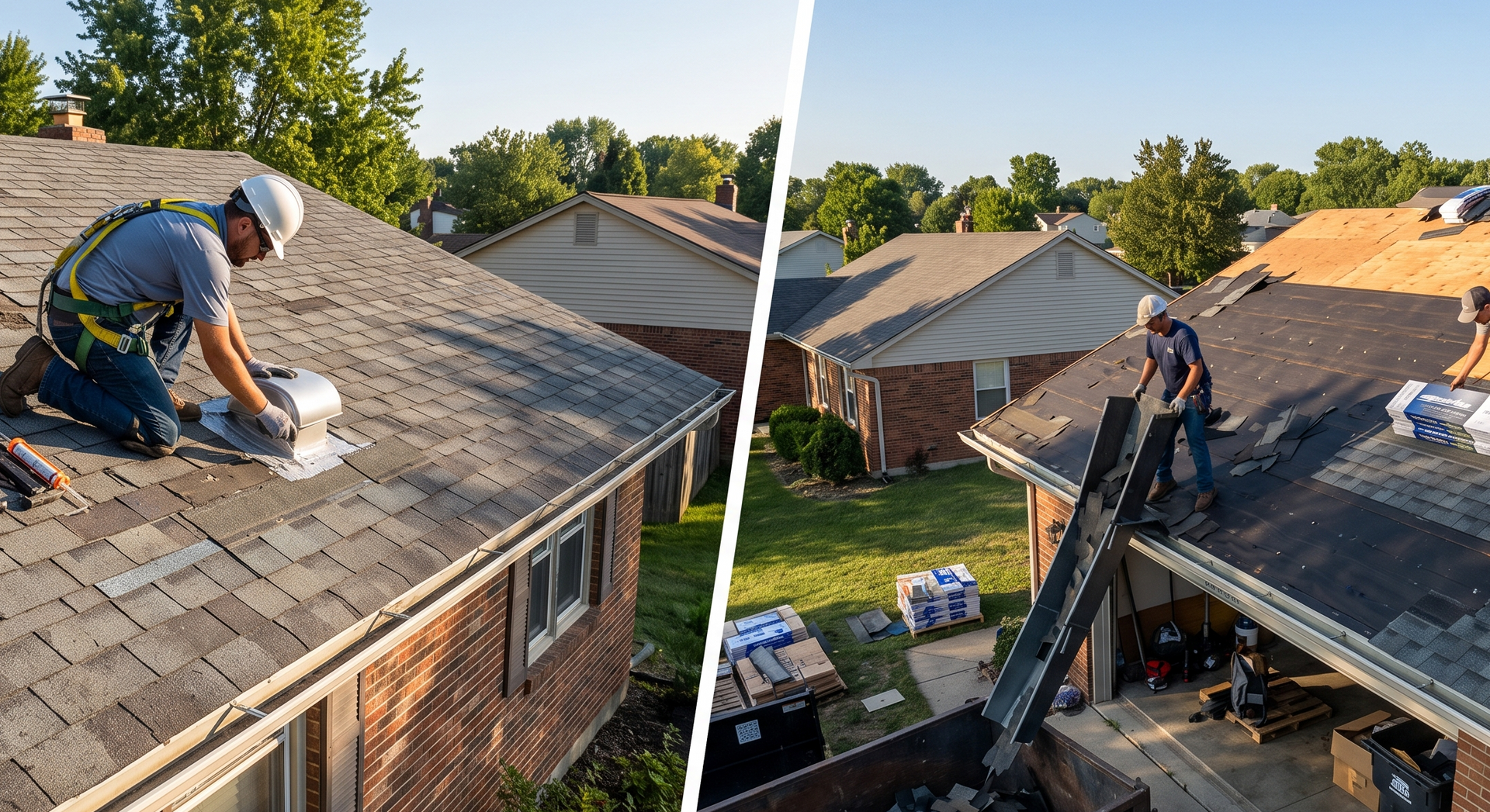 Roofers repairing a shingle roof on a house, with workers on the roof and ladder in a suburban neighborhood.