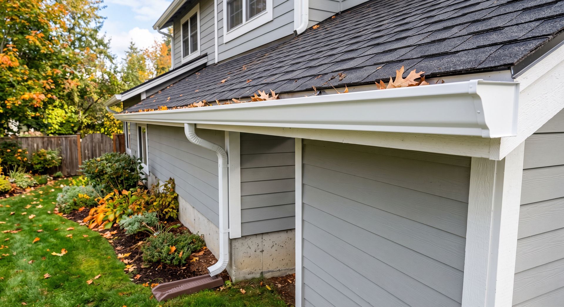 Covered house porch with white trim, gray siding, and autumn landscaping beside a grassy yard
