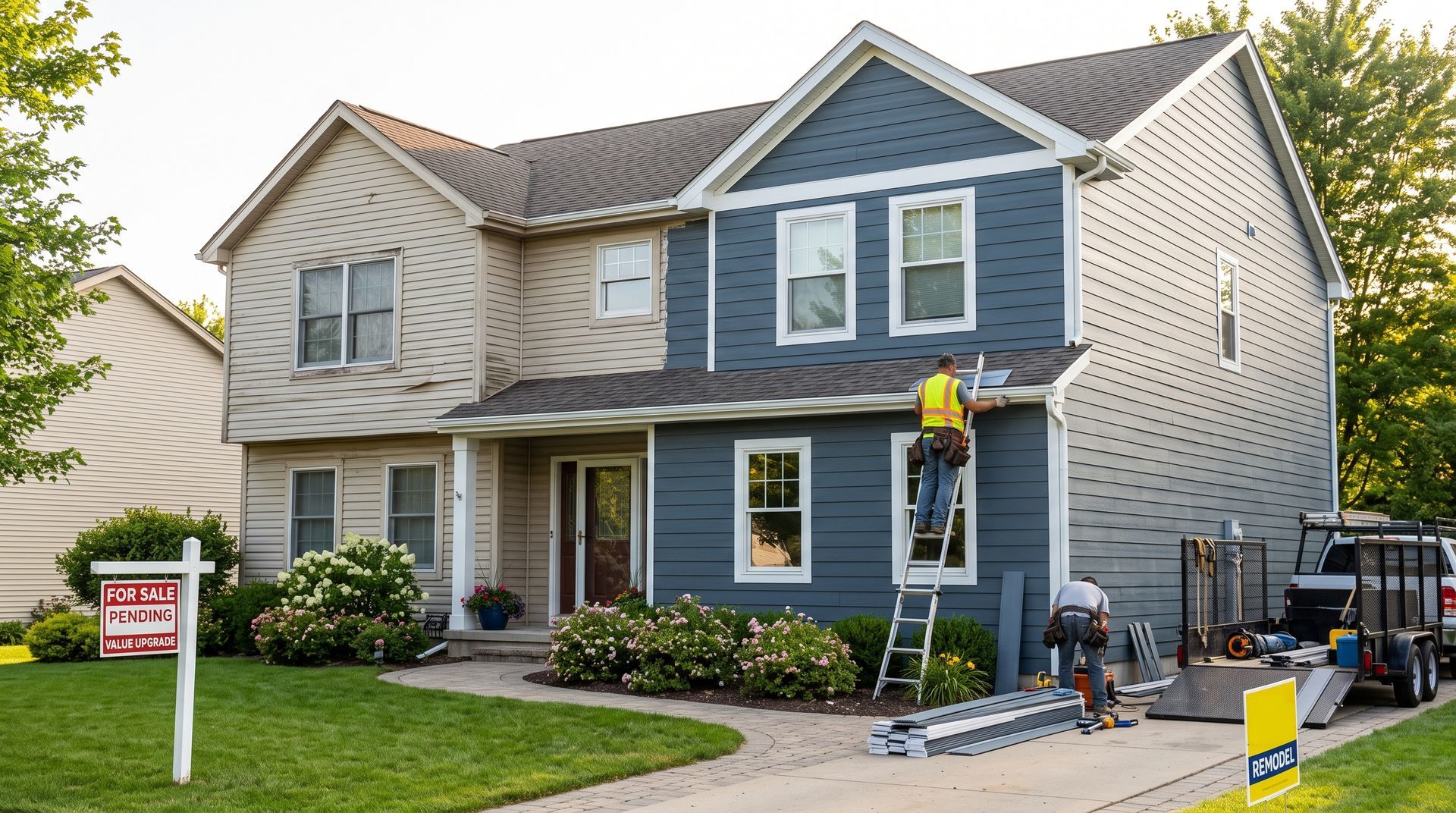 Two-story house with workers on ladder and driveway equipment, suggesting exterior painting or repair