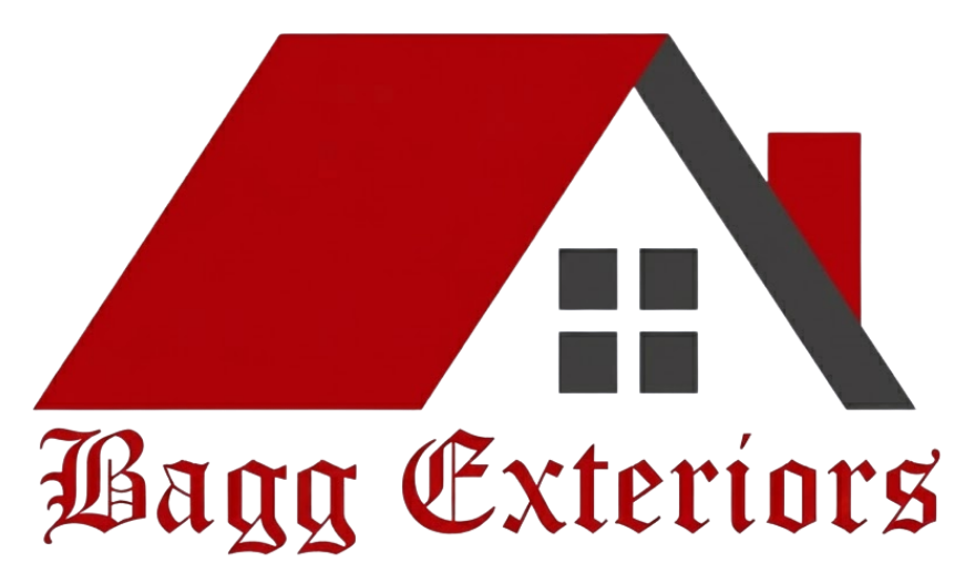 Bagg Exteriors logo with red and gray house roof graphic and text