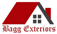 Bagg Exteriors logo with red and gray house roof graphic and text
