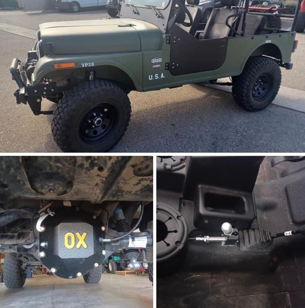A green Jeep-style vehicle, with close-ups of an OX differential cover and a manual locker shifter inside the cabin.
