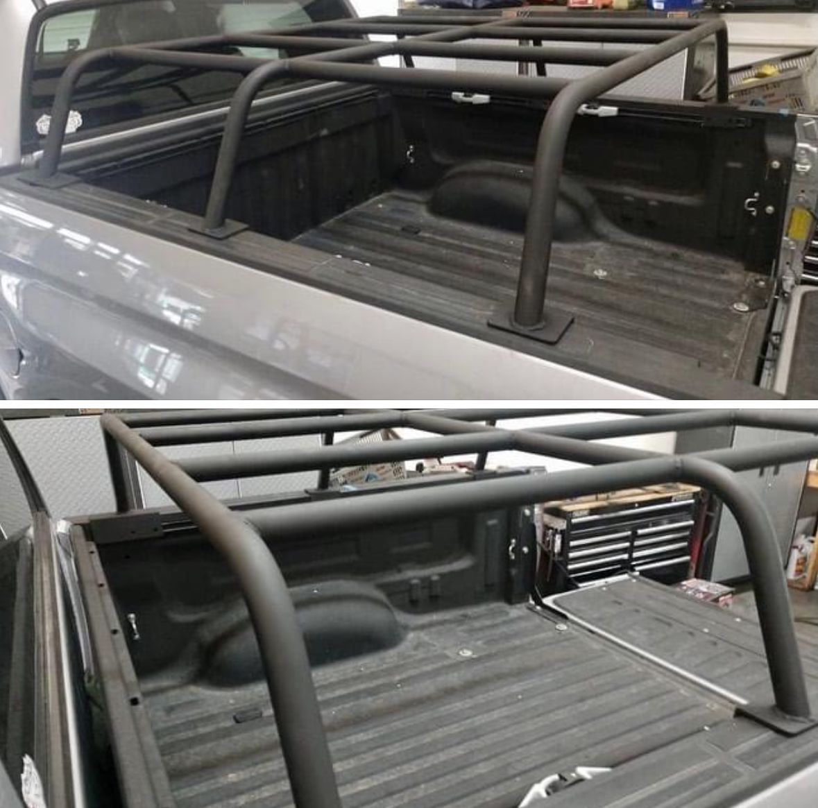 Two views of a black custom metal rack mounted over the bed of a pickup truck.