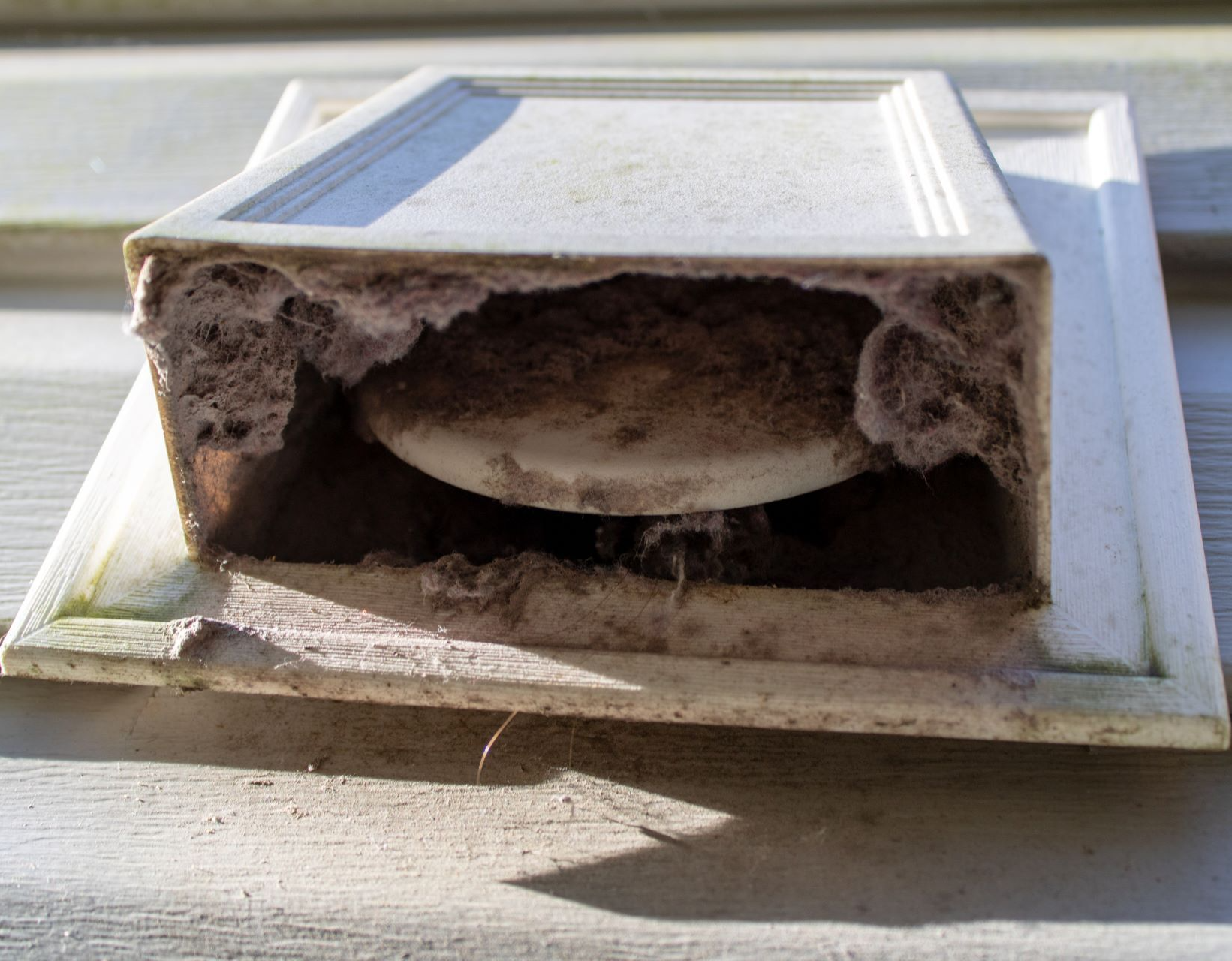 Dirty dryer vent on a house, covered in lint.