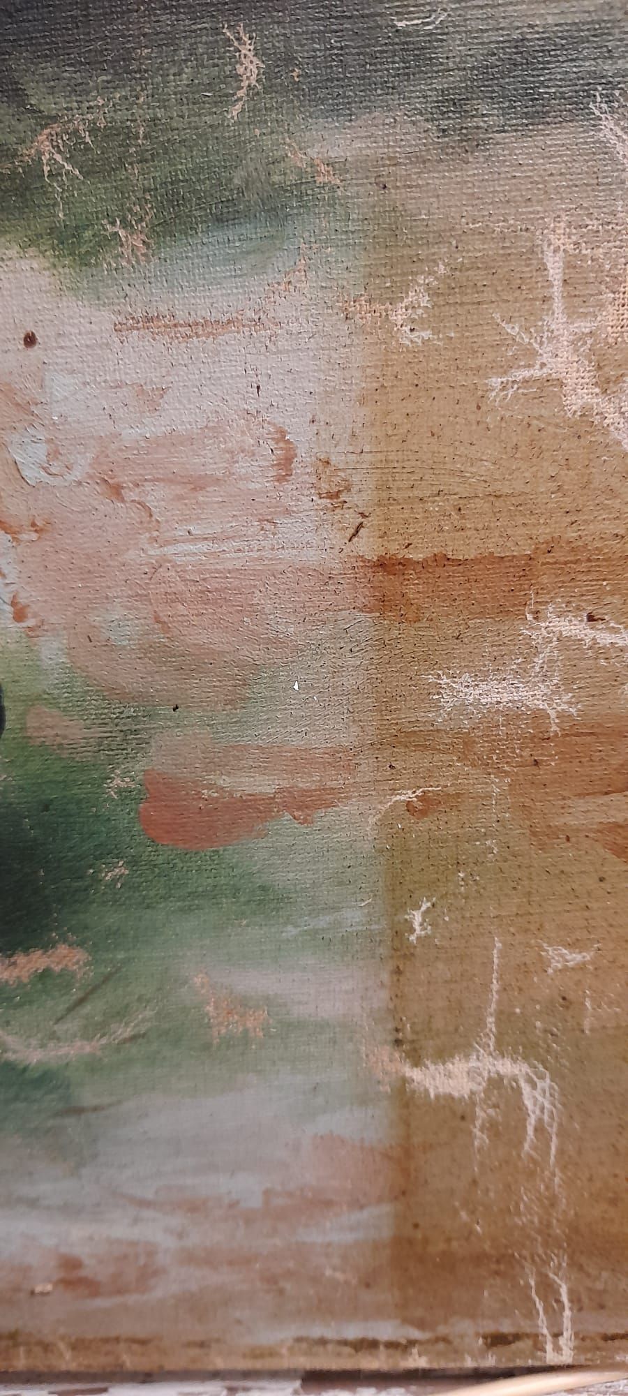Dipinto astratto con tonalità di verde, marrone e rosa.