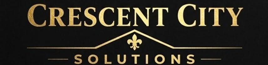 Crescent City Solutions logo in gold text on a black background with thin gold lines