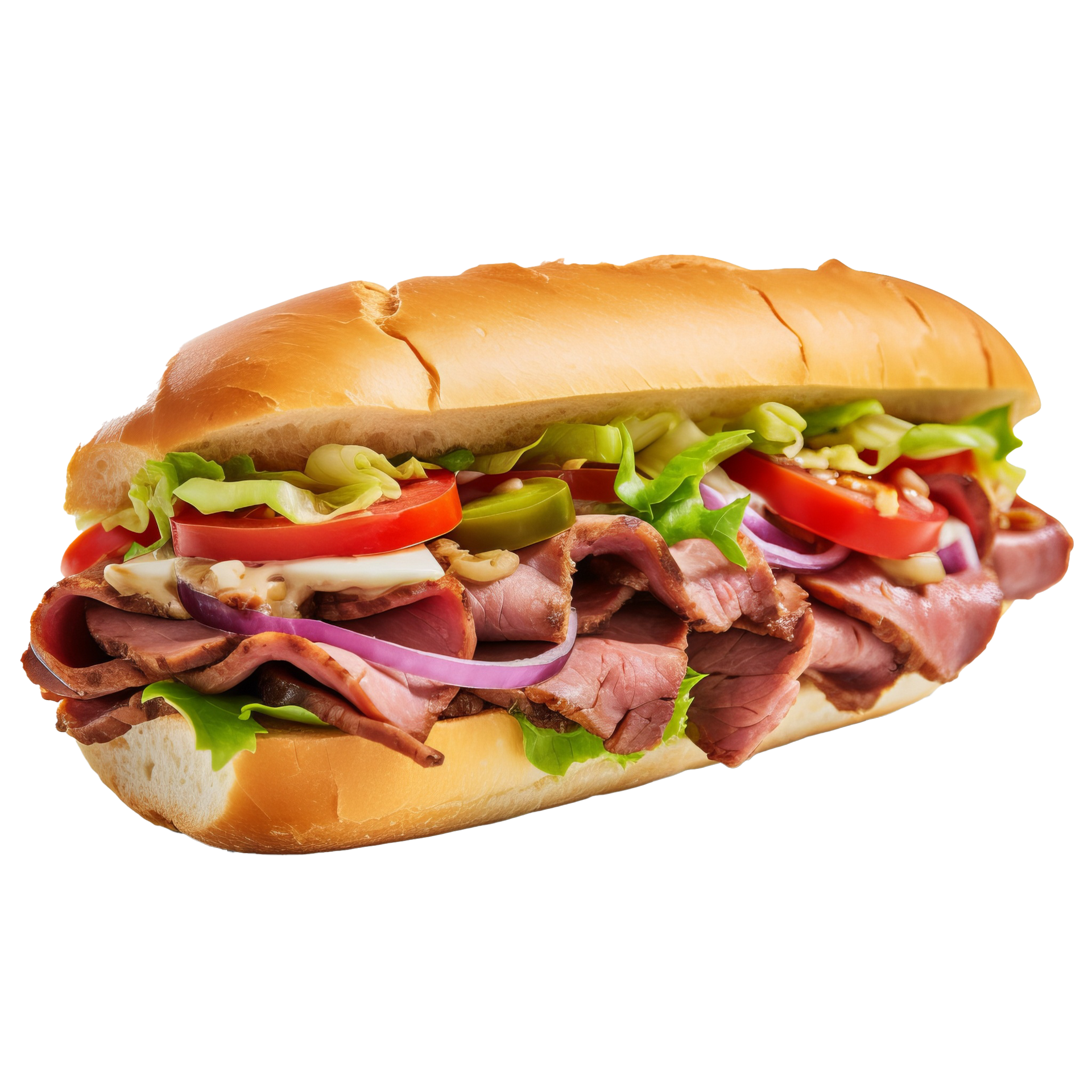 Een subsandwich met rosbief, sla, tomaten, uien en augurk op een broodje.