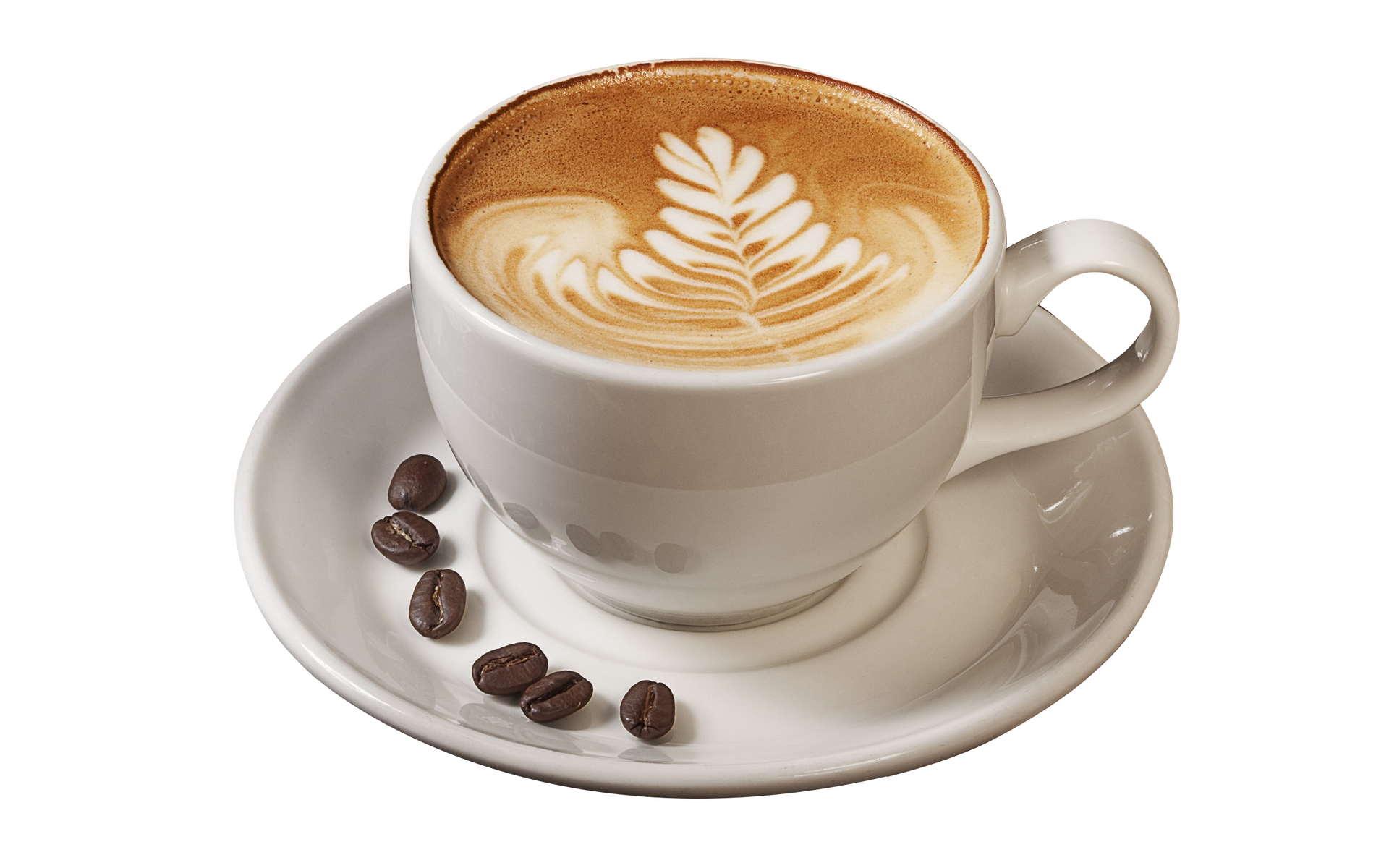 Een kopje cappuccino op een schoteltje met koffiebonen