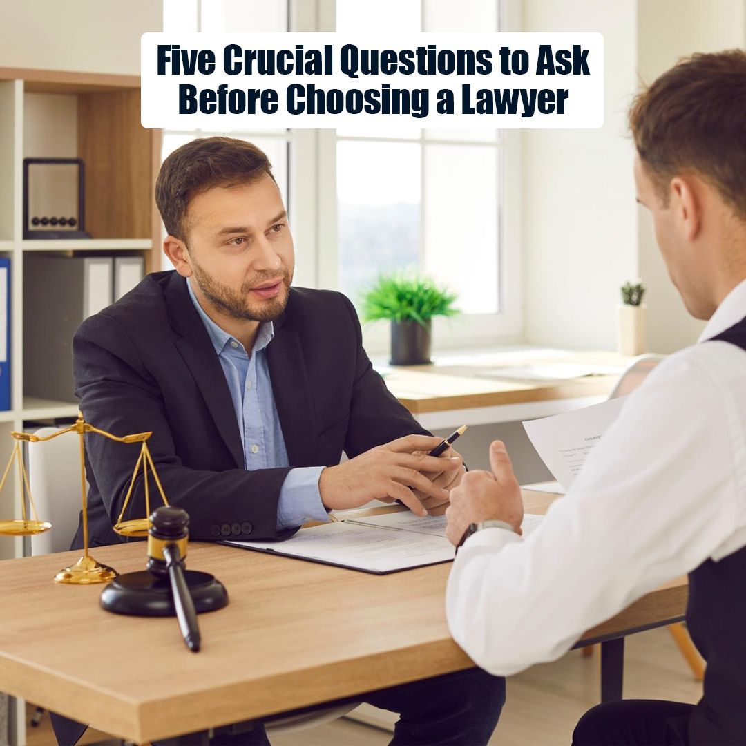 Two men in a law office discussing documents. One is pointing, and the other is writing. Title reads: